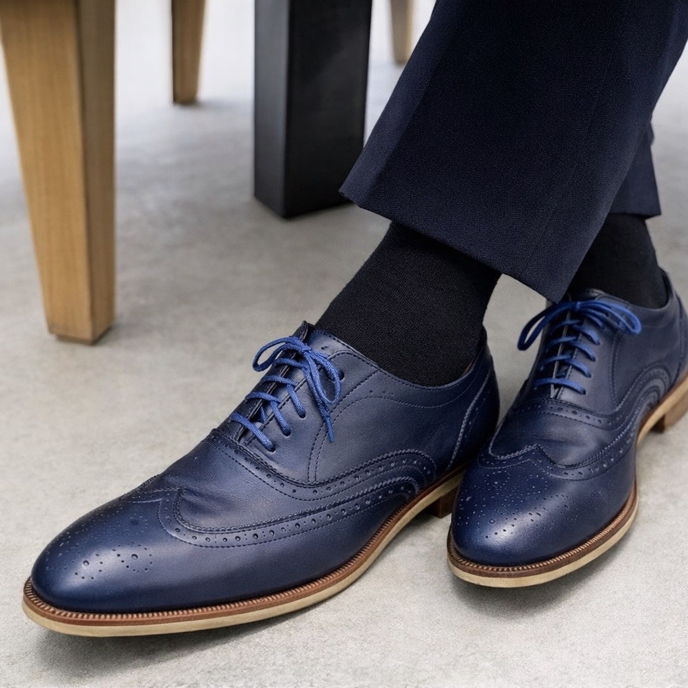Salvatore Ferragamo Wingtip Oxford Blue Leather Shoes Men 11 D Italy Euc